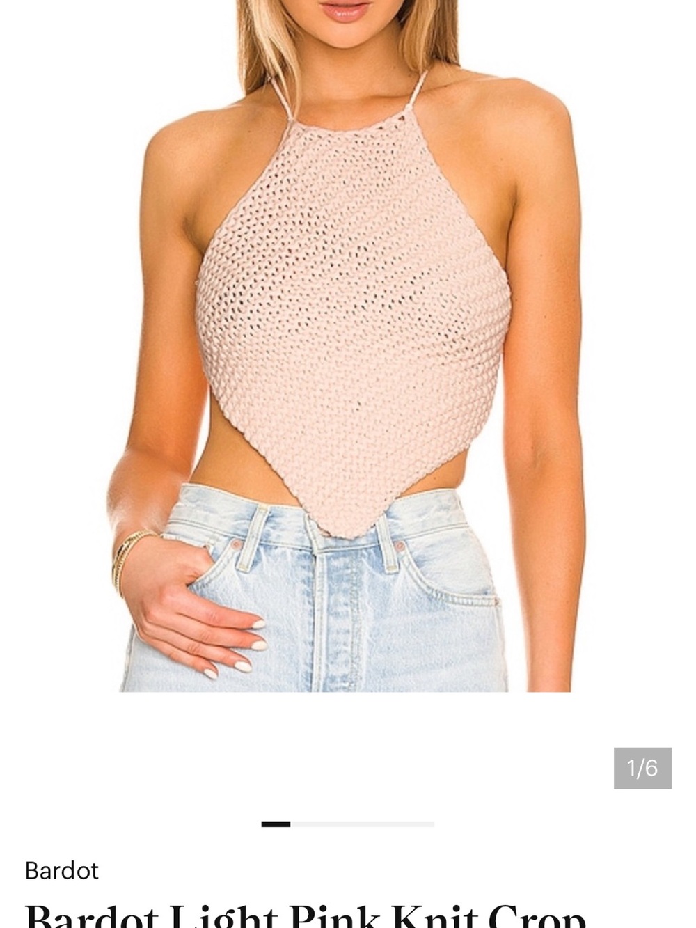 Bardot Pale Pink Knit Pointed-Hem Halter Crop Top